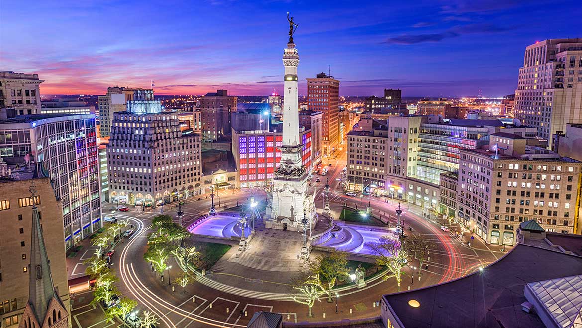 Indy skyline over monument circle IACA